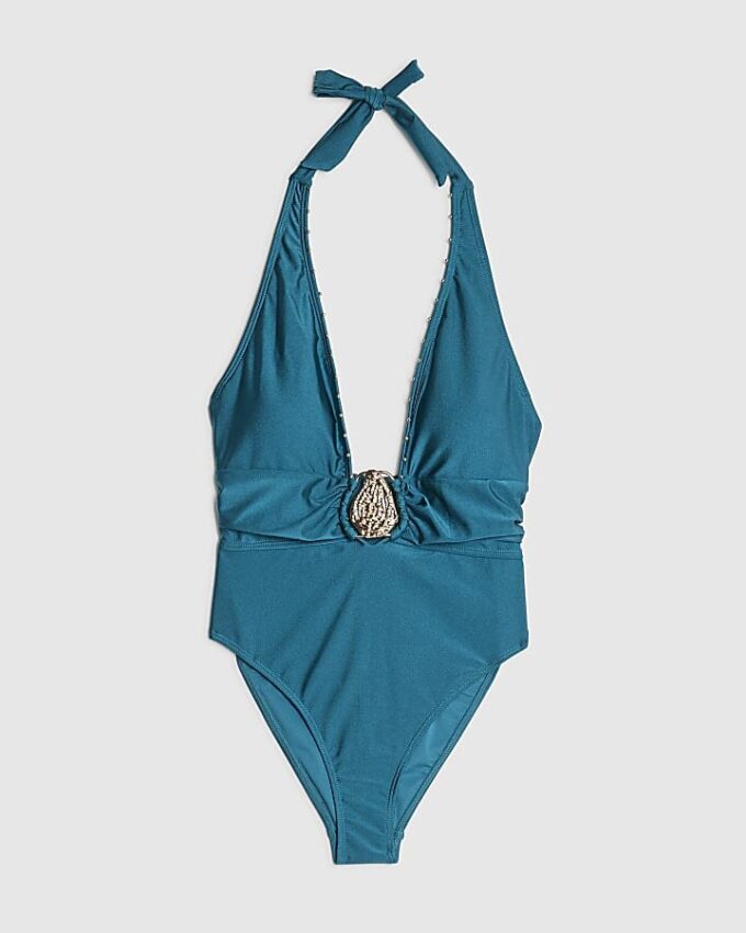 Blue Studded Plunge Halterneck Swimsuit