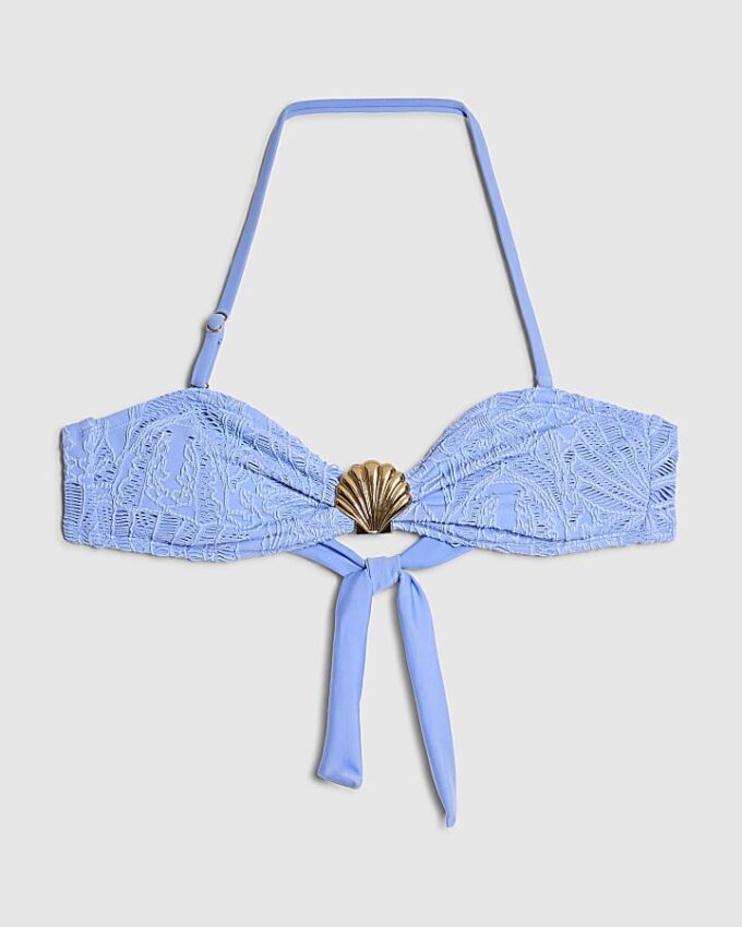 Blue Textured Shell Bandeau Bikini Top