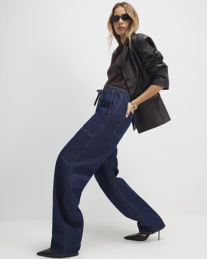 Blue Tie Waist Barrel Leg Jeans