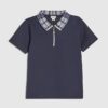 Boys Navy Check Collar Polo Shirt