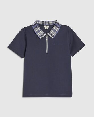 Boys Navy Check Collar Polo Shirt