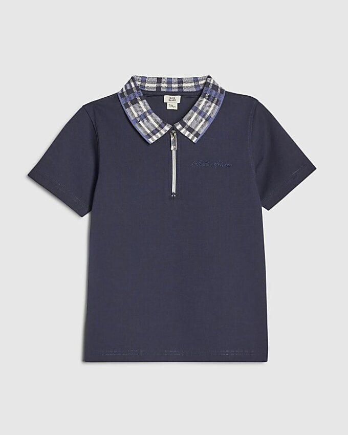 Boys Navy Check Collar Polo Shirt