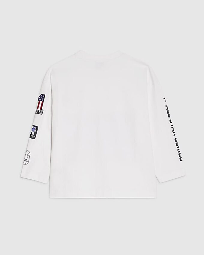 Boys White Boxy Long Sleeve Badge Graphic Top