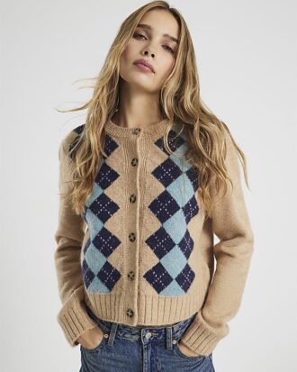Brown Argyle Knit Cardigan