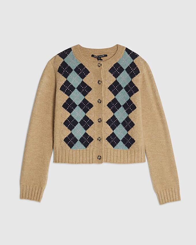 Brown Argyle Knit Cardigan