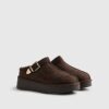 Brown Buckle Strap Borg Lined Mule Boots