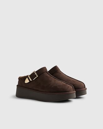 Brown Buckle Strap Borg Lined Mule Boots Brown Buckle Strap Borg Lined Mule Boots