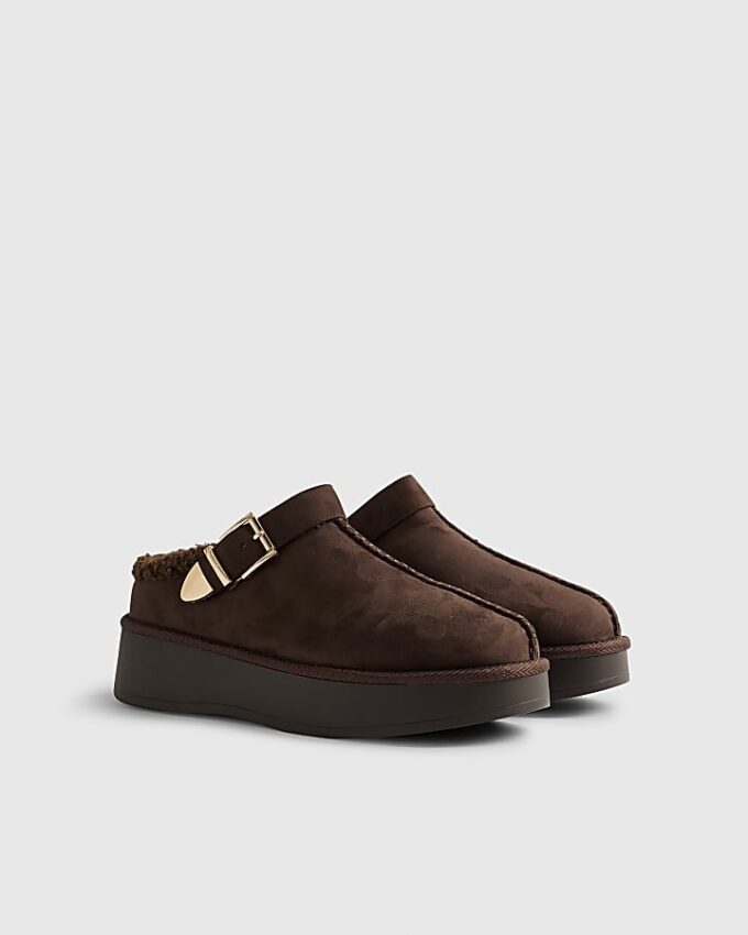 Brown Buckle Strap Borg Lined Mule Boots