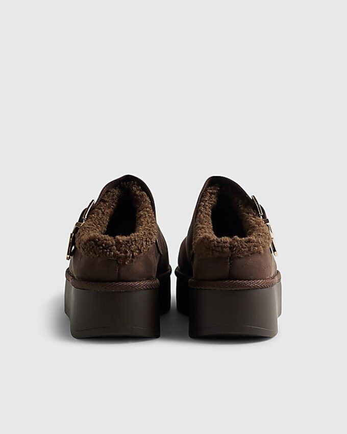 Brown Buckle Strap Borg Lined Mule Boots