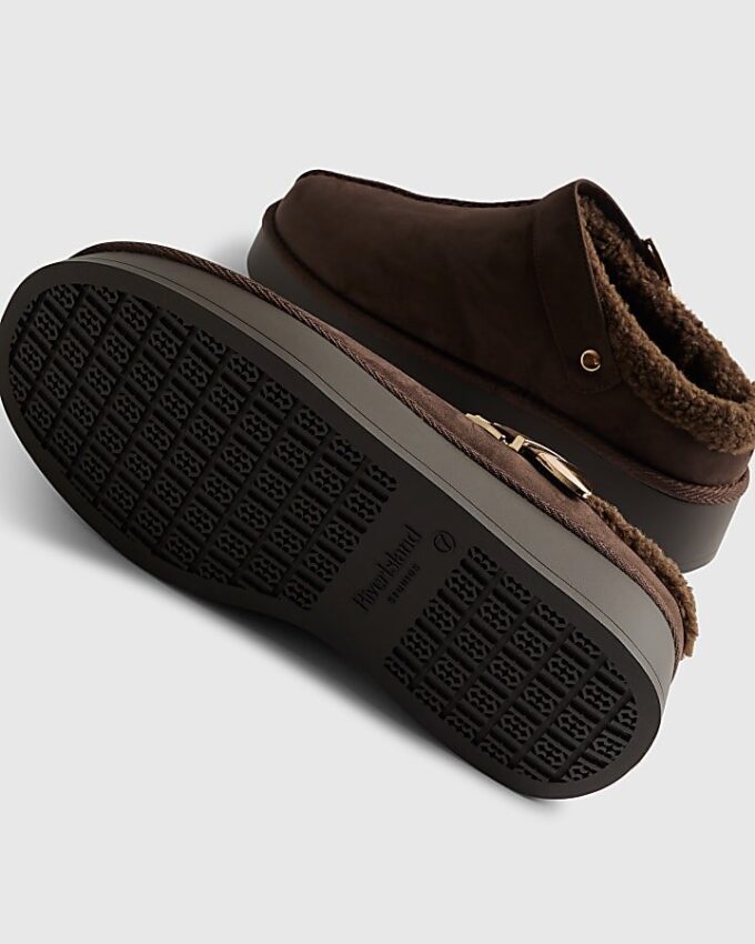 Brown Buckle Strap Borg Lined Mule Boots