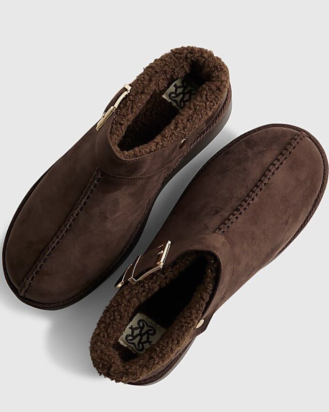 Brown Buckle Strap Borg Lined Mule Boots