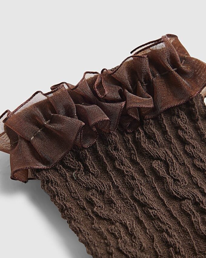 Brown Cable Knit Frill Socks