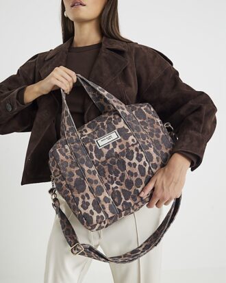 Brown Canvas Leopard Print Holdall Bag
