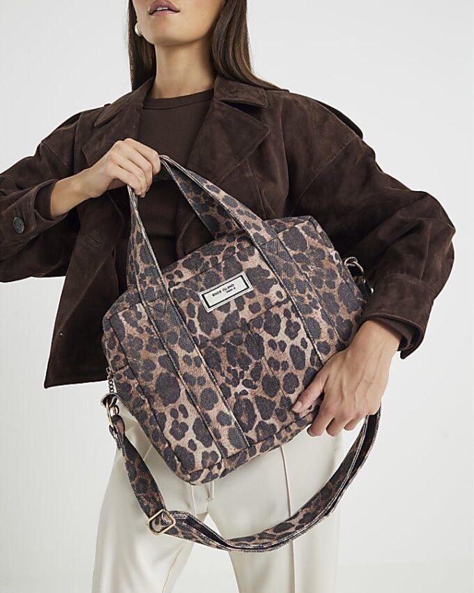 Brown Canvas Leopard Print Holdall Bag