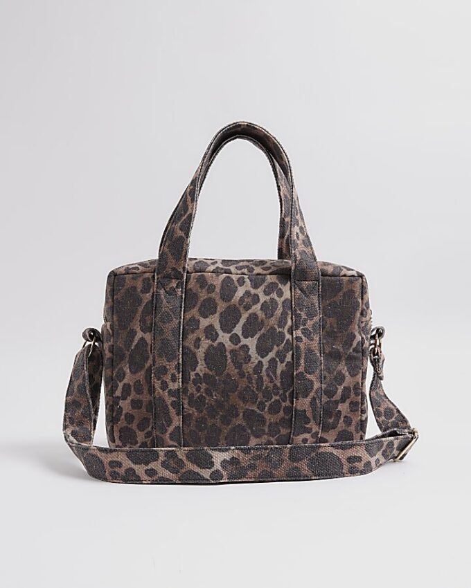 Brown Canvas Leopard Print Holdall Bag