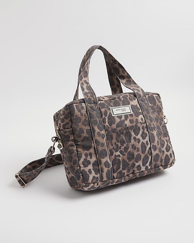 Brown Canvas Leopard Print Holdall Bag
