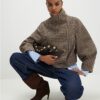 Brown Check Funnel Neck Jacket