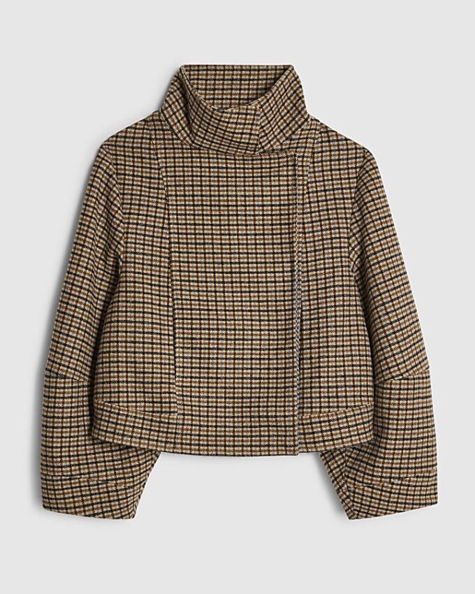 Brown Check Funnel Neck Jacket