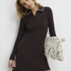 Brown Collared Long Sleeve Cosy Mini Dress