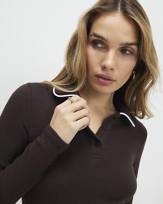Brown Collared Long Sleeve Cosy Mini Dress