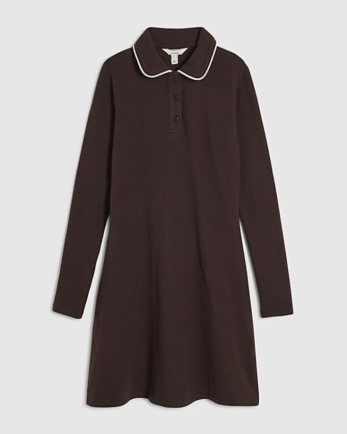 Brown Collared Long Sleeve Cosy Mini Dress