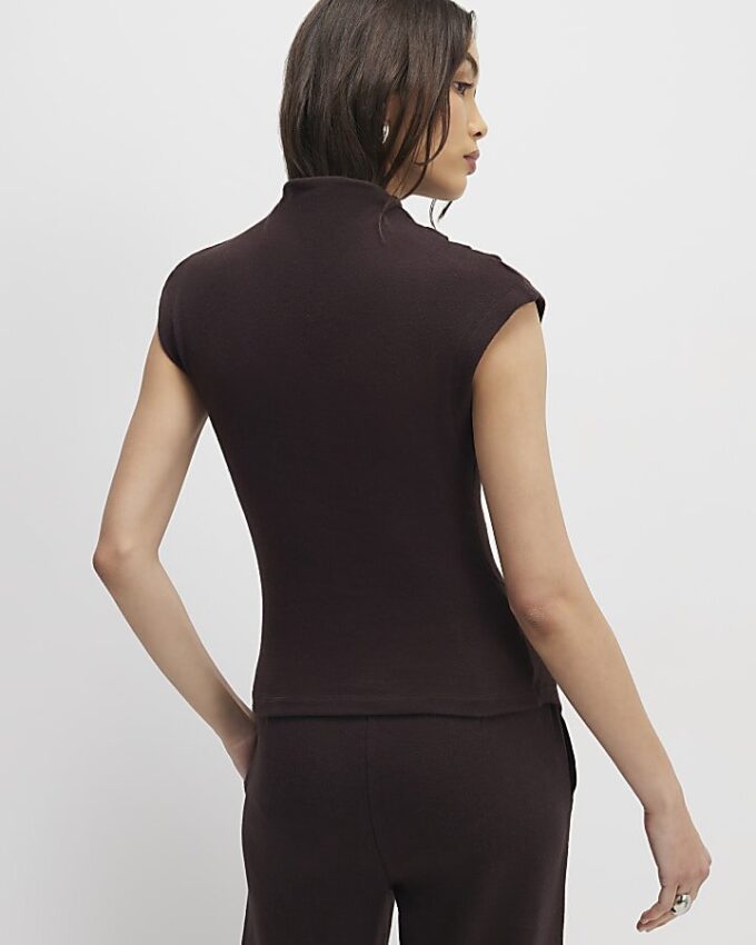 Brown Cosy Sleeveless Drape Top