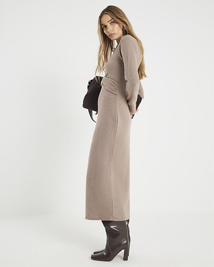 Brown Cosy Twist Front Midi Dress