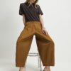 Brown Cotton Poplin Barrel Leg Trousers