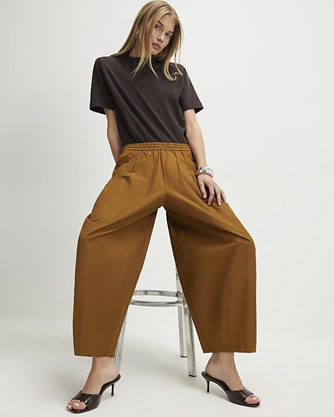 Brown Cotton Poplin Barrel Leg Trousers