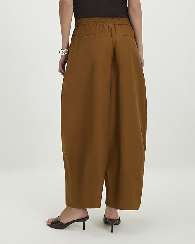 Brown Cotton Poplin Barrel Leg Trousers