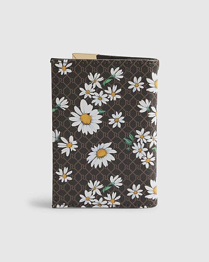 Brown Daisy Monogram Print Passport Holder