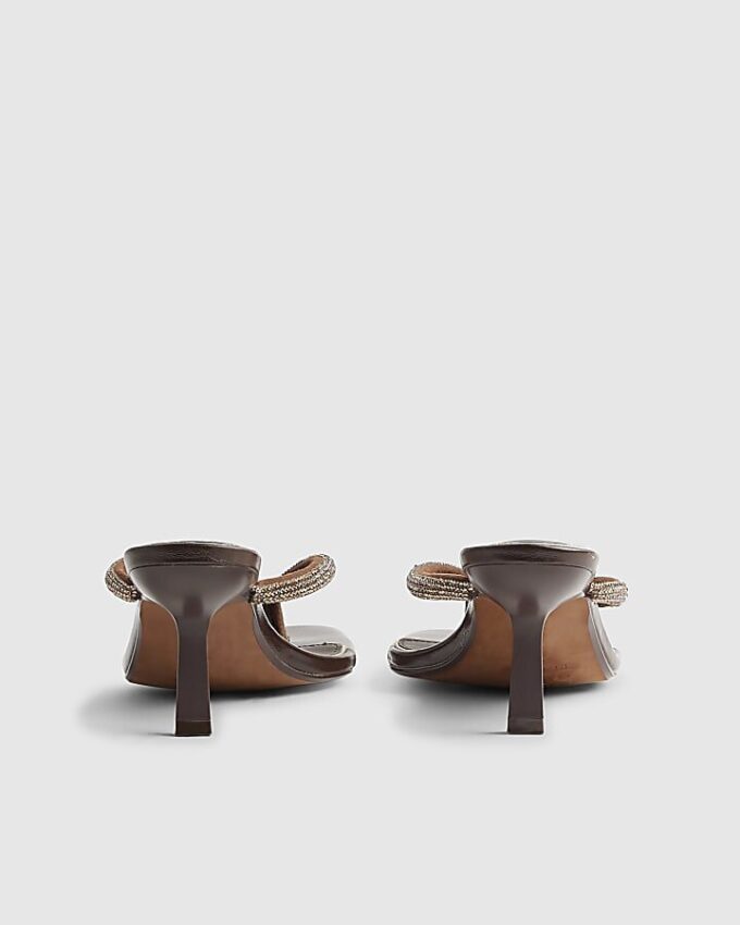 Brown Diamante Toe Thong Heeled Sandals