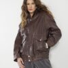 Brown Distressed Leather Bomber Jacket