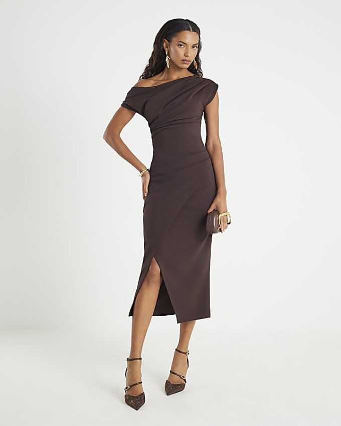 Brown Drape Midi Dress