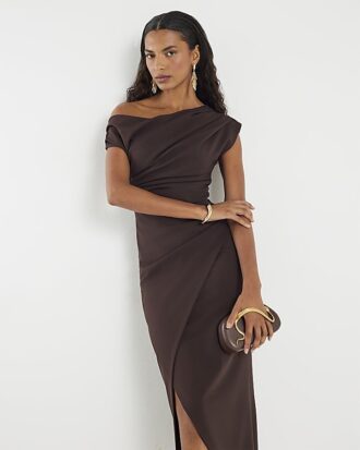 Brown Drape Midi Dress