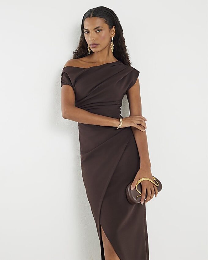 Brown Drape Midi Dress