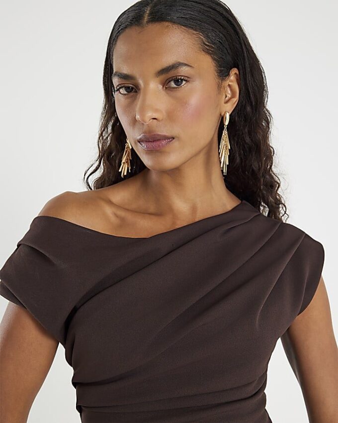 Brown Drape Midi Dress