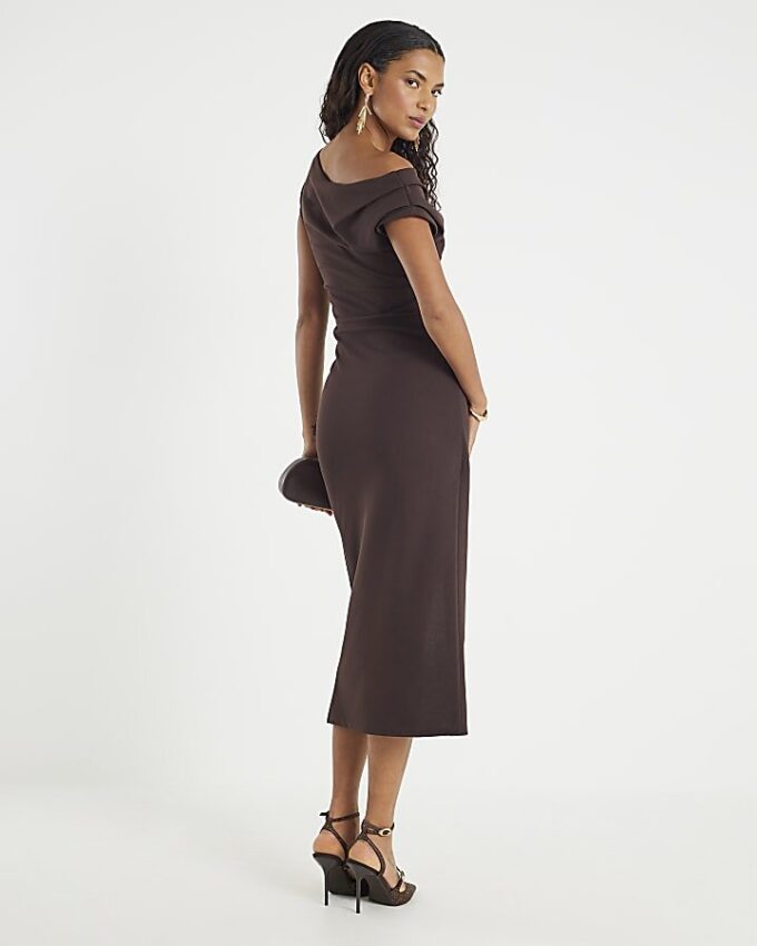 Brown Drape Midi Dress