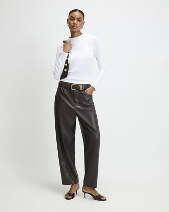 Brown Faux Leather Barrel Leg Trousers Brown Faux Leather Barrel Leg Trousers