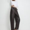 Brown Faux Leather Barrel Leg Trousers