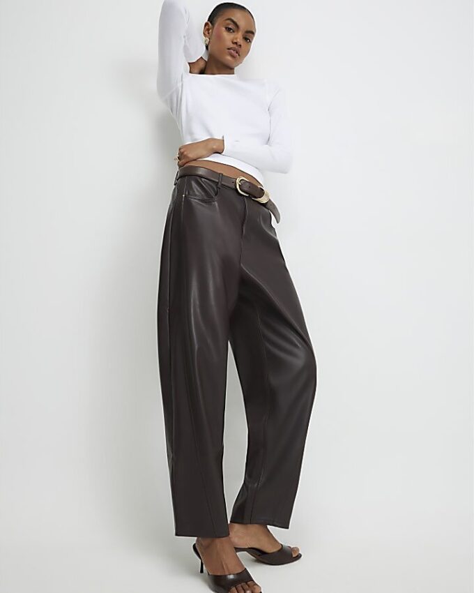 Brown Faux Leather Barrel Leg Trousers