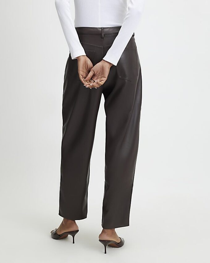 Brown Faux Leather Barrel Leg Trousers