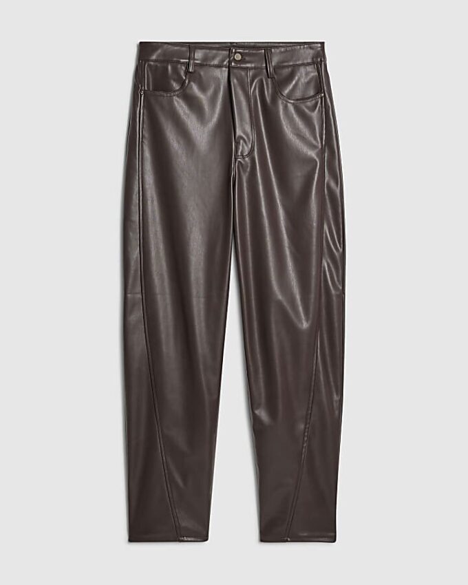 Brown Faux Leather Barrel Leg Trousers