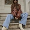 Brown Faux Leather Bubble Hem Bomber Jacket
