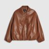 Brown Faux Leather Bubble Hem Bomber Jacket