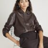 Brown Faux Leather Collared Bomber Jacket