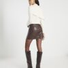 Brown Faux Leather Distressed Mini Skirt