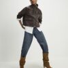 Brown Faux Leather Funnel Neck Bomber Jacket