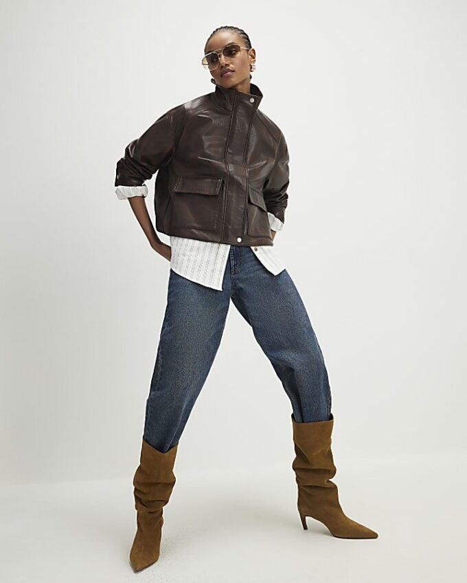 Brown Faux Leather Funnel Neck Bomber Jacket