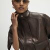 Brown Faux Leather Funnel Neck Bomber Jacket